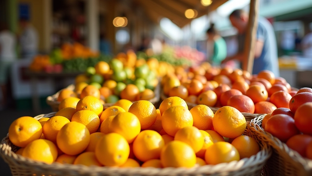 Mercado de produtos sazonais portugueses com frutas e vegetais frescos
