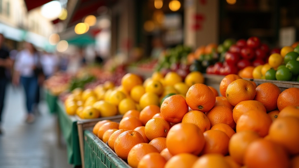 Mercado tradicional português com produtos frescos sazonais